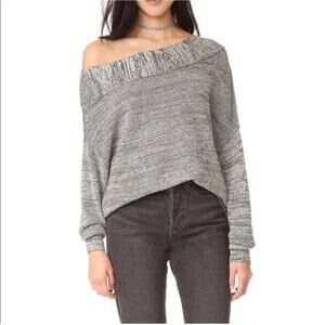 Free People Alana Off Shoulder Knit Sweater Gray Marled Linen Blend Large Top LS